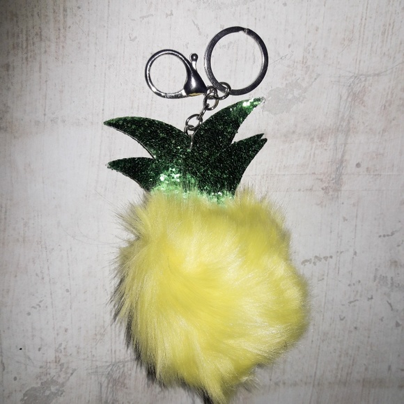 Yellow Glitter Pineapple Puff Pom Pom Keychain - Picture 3 of 4